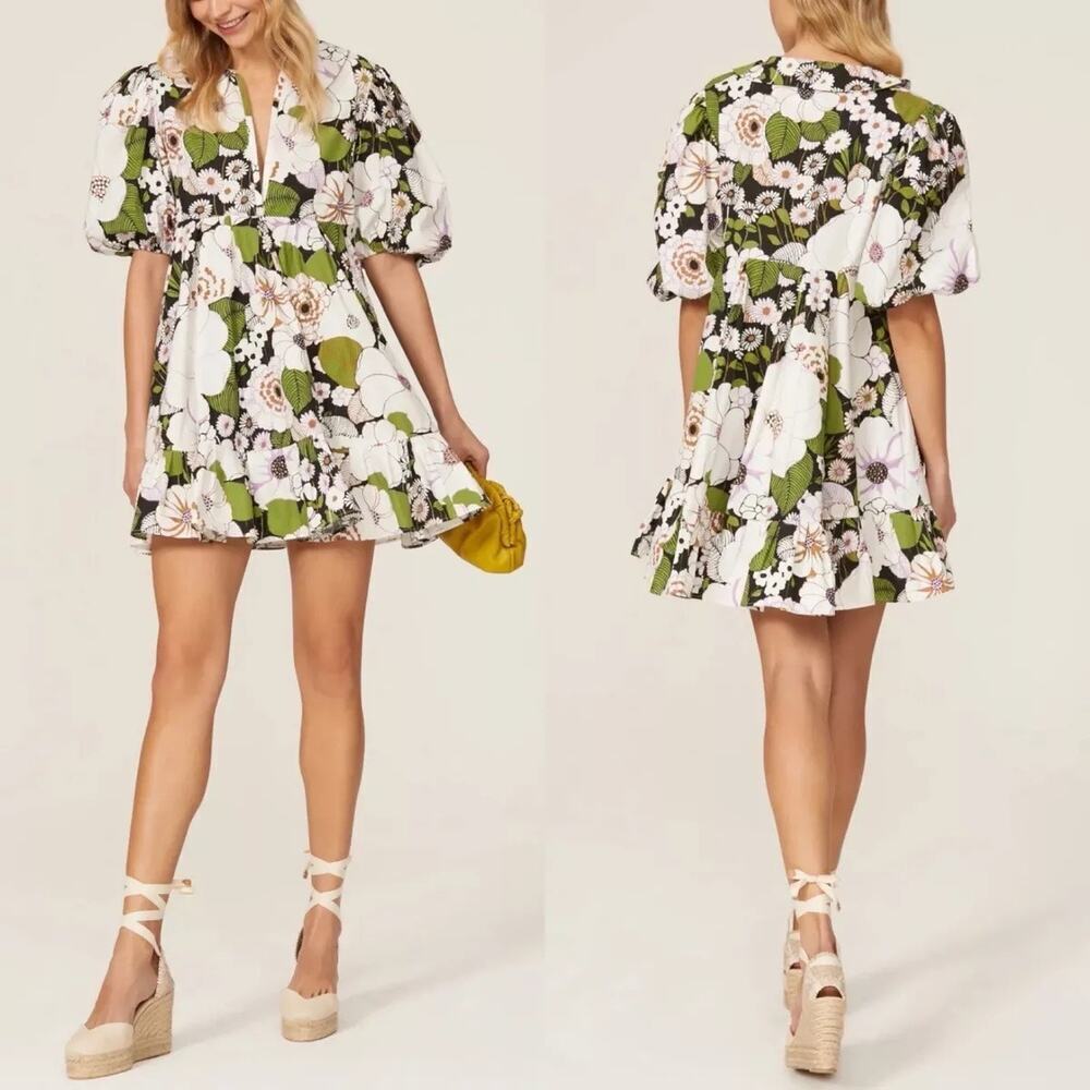 MAJE Rafleur Large Floral Print Mini Puff Sleeve Baby Doll Mini Dress Size 40